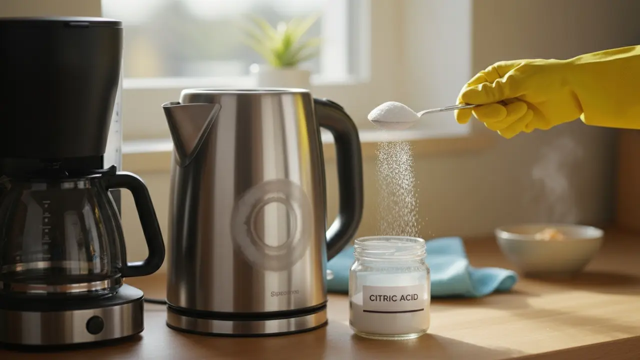 Kaffemaskine og elkedel med kalk, glas med citronsyrepulver og handskebeklædt hånd