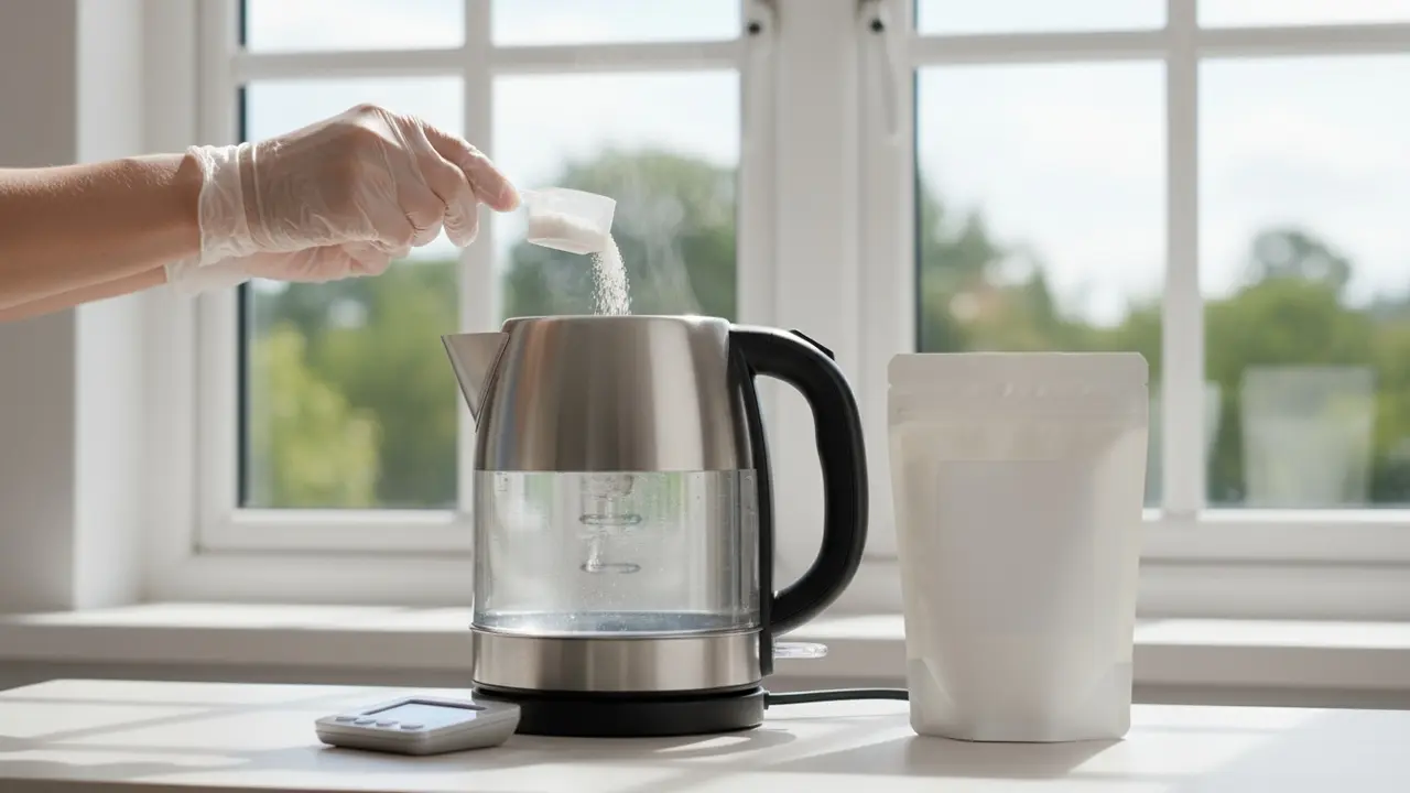 Handskebeklædt person hælder citronsyrepulver i elkedel med varm damp