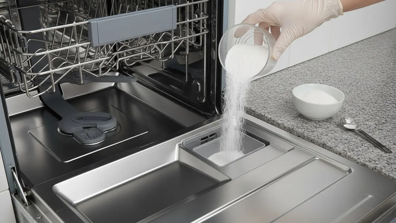 Åben opvaskemaskine, handskebeklædt hånd hælder citronsyrepulver i sæbeholderen