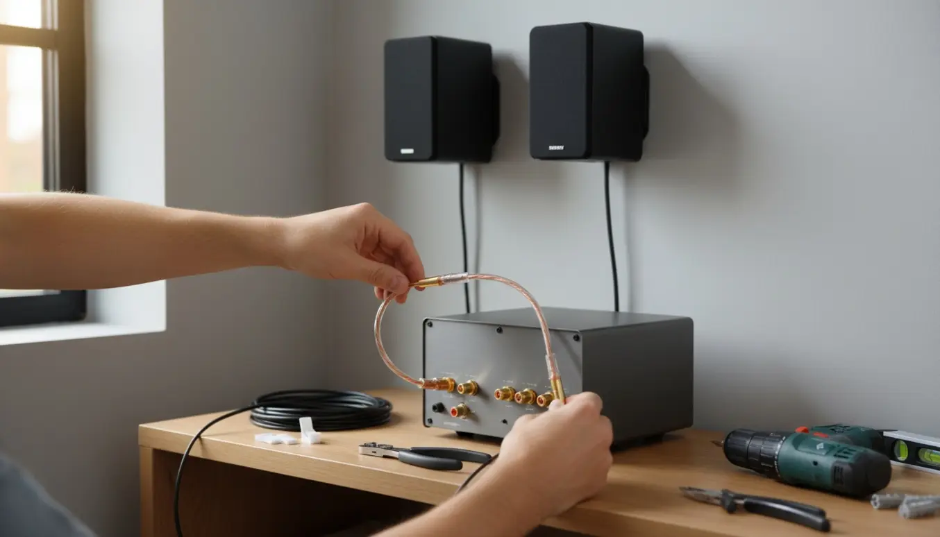 Hænder forbinder nye højttalerkabler til en forstærker med vægmonterede højttalere i et lyst stuehjørne.