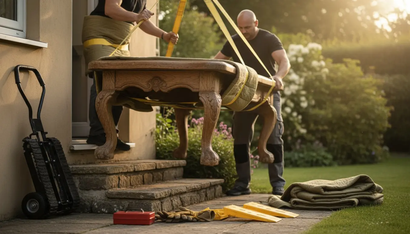 To flyttemænd bærer et tungt gammelt træbord gennem en terrassedør med trapper i haven.