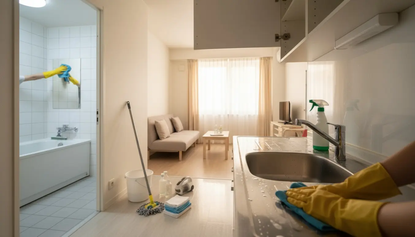 Handskerede hænder pudser en køkkenvask i en lys ældrebolig med rengøringsmidler og spand i baggrunden.