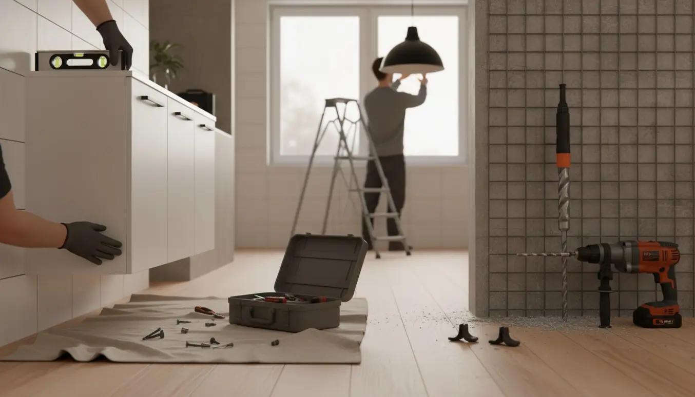 Montage af loftlampe og badeværelsesskab med værktøj og kraftig boremaskine ved en stålforstærket væg.