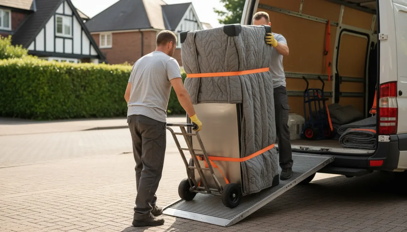 Flyttefolk løfter et to meter højt køle-/fryseskab ind i en flyttebil på en stille villavej.