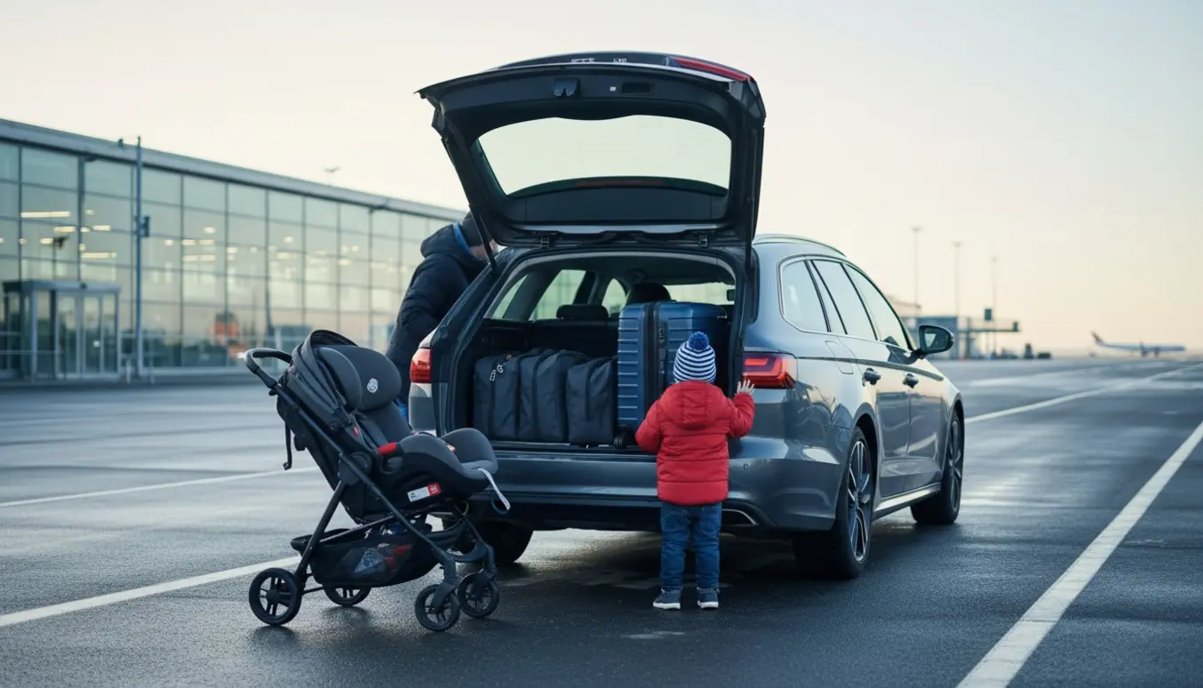 Familie pakker kufferter ved bagagerummet på en bil foran en flyterminal tidlig morgen.