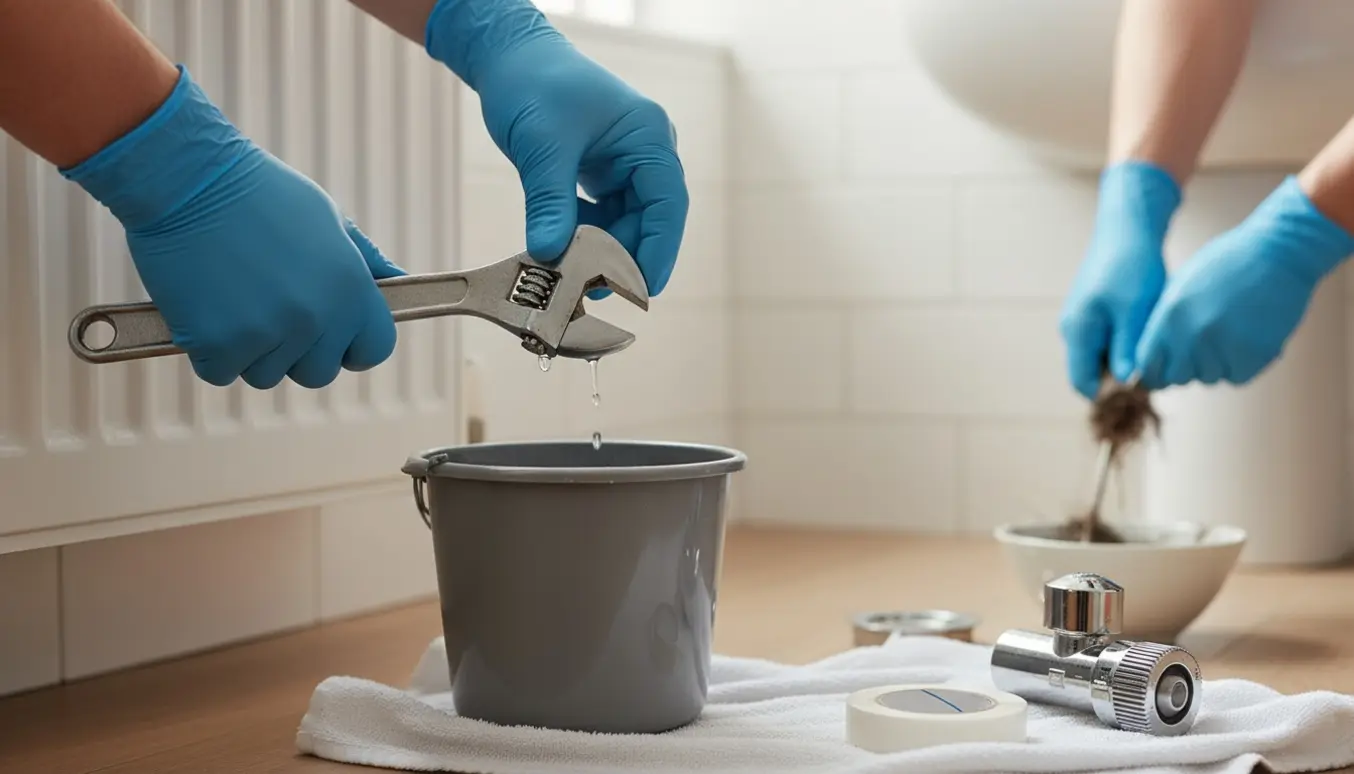 Handskerede hænder skifter en radiatorventil med en skruenøgle, mens andre hænder renser et tilstoppet badeværelsesafløb med en afløbsrenser.
