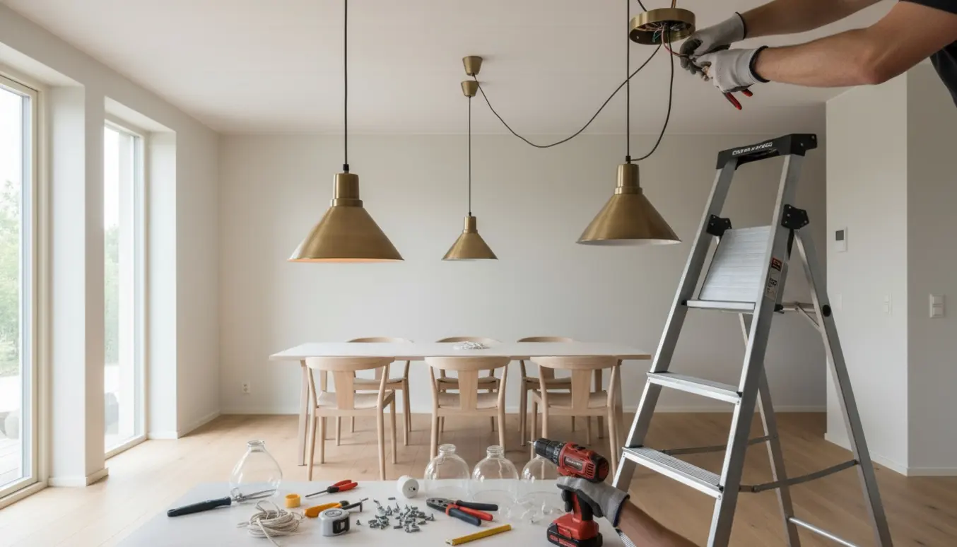 Hænder monterer flere pendellamper i en moderne stue med værktøj og stige.
