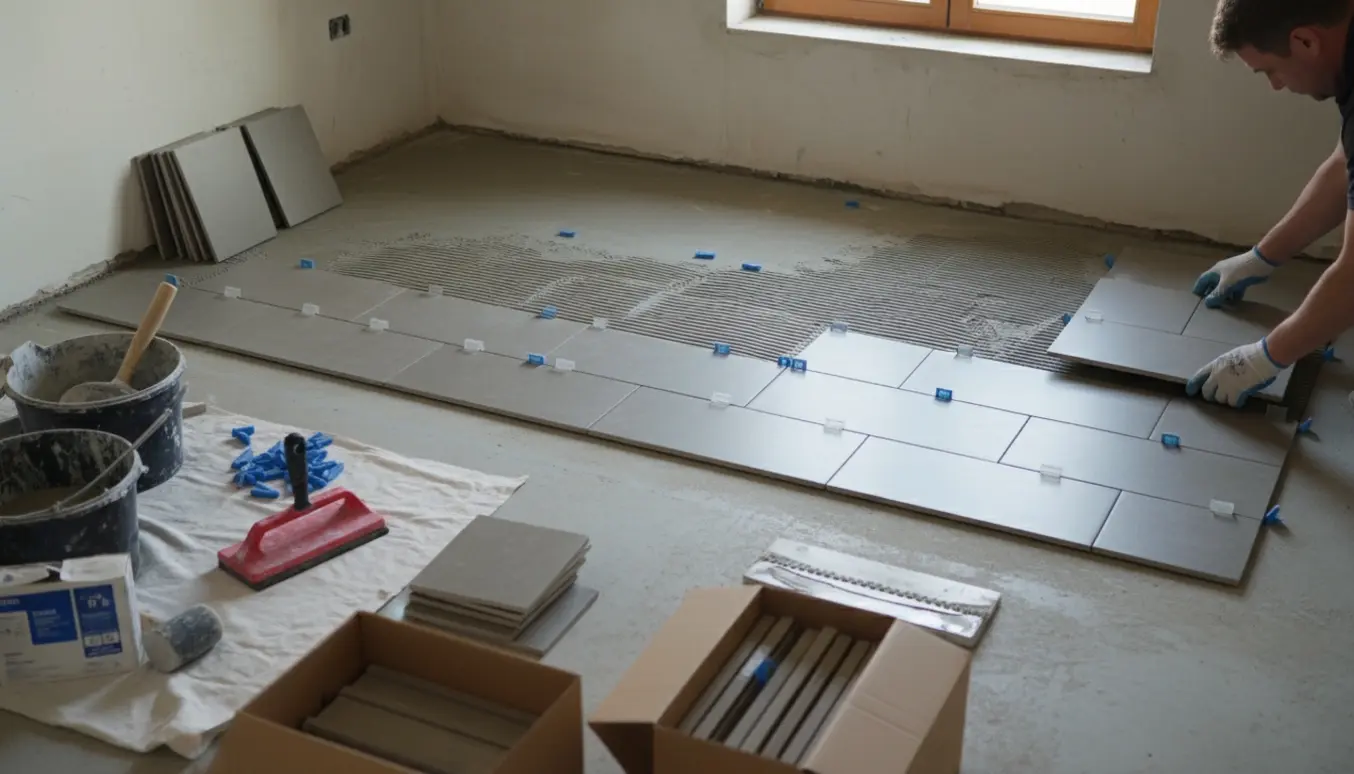 Delvist færdiglagt gulv med 30x60 cm klinker i forbandt, værktøj og epoxyfuge på et primet underlag.