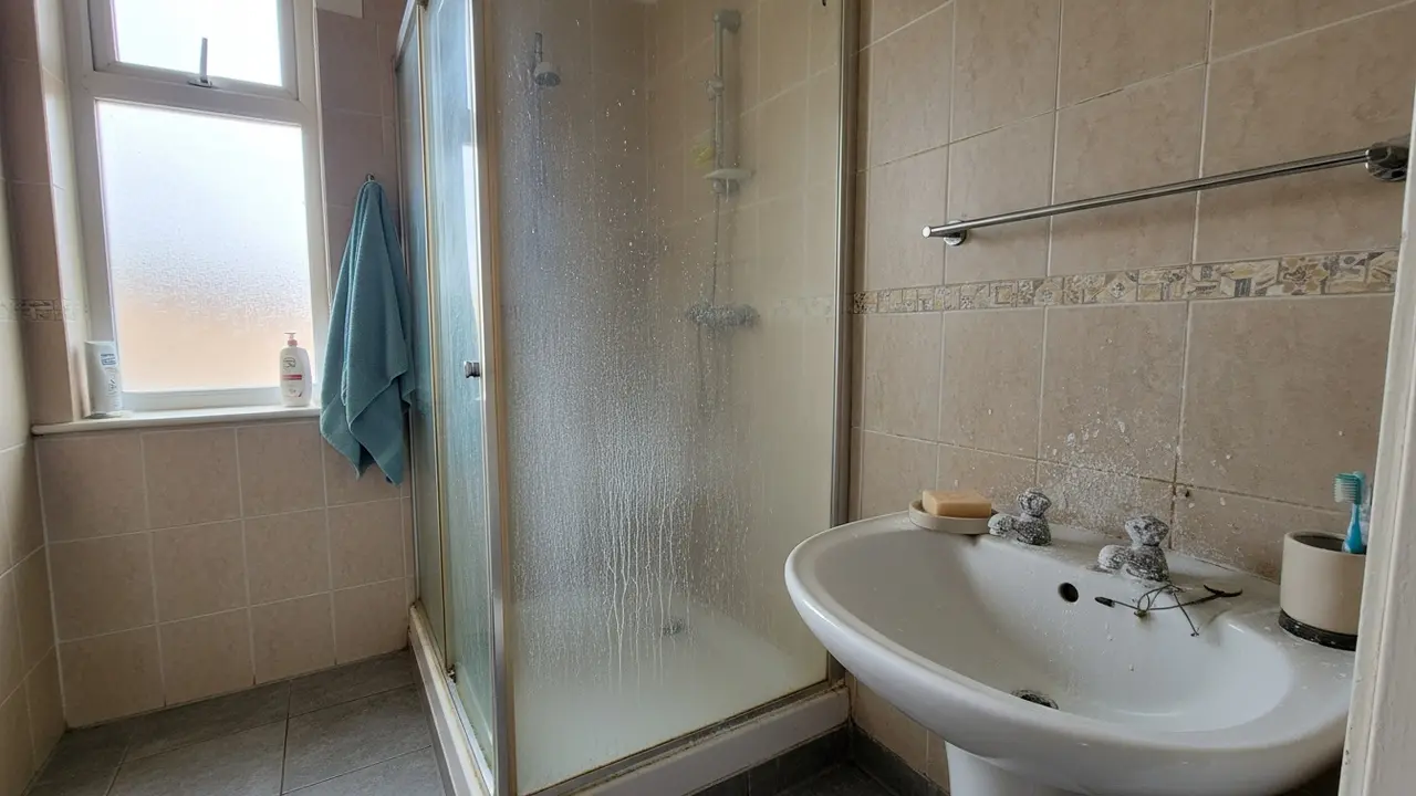 Oversigt over badeværelse med kalkaflejringer på glas, fliser og vandhaner