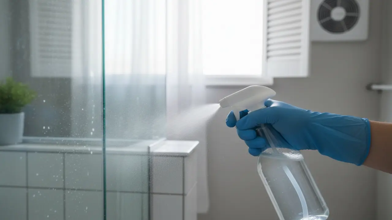 Nærbillede af handsker, der sprøjter kalkfjerner på bruseglas og fliser