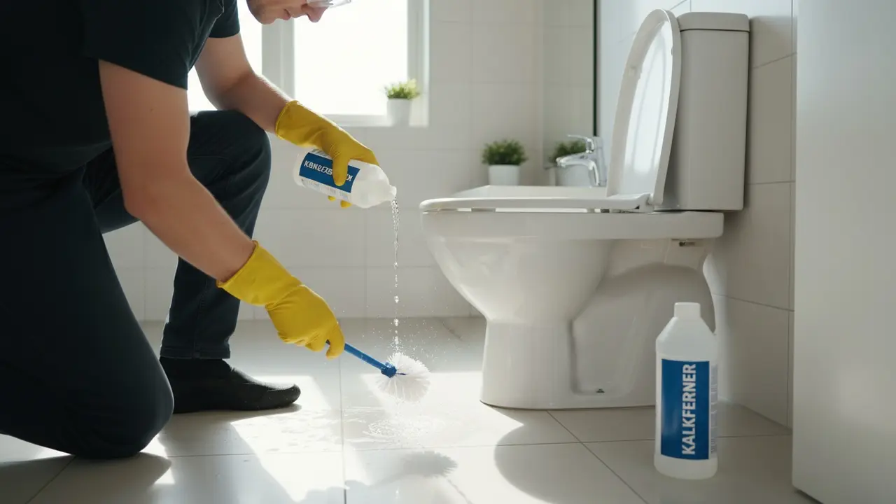 Person med handsker og briller hælder kalkfjerner i toiletkummen og skrubber under randen