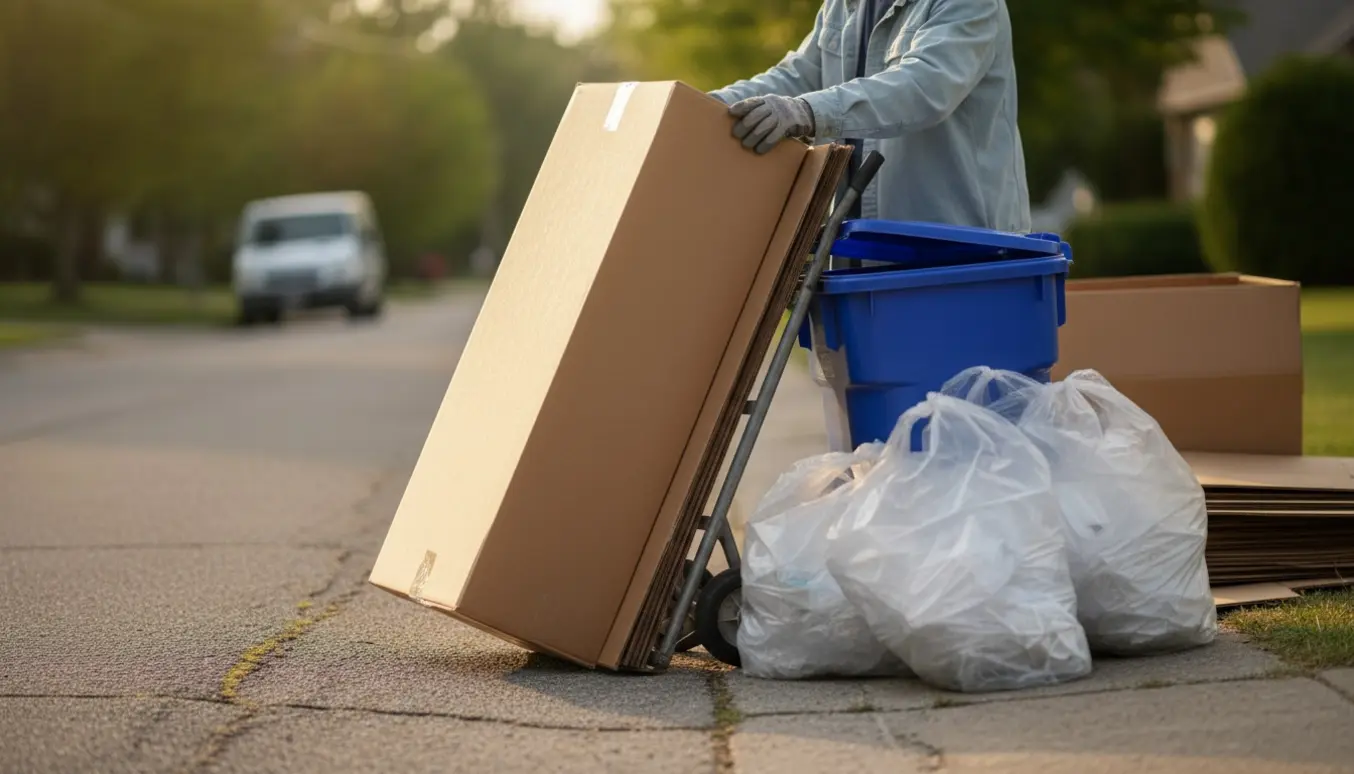 Hænder stabler sammenklappede papkasser og emballage ved fortovets genbrugscontainer.