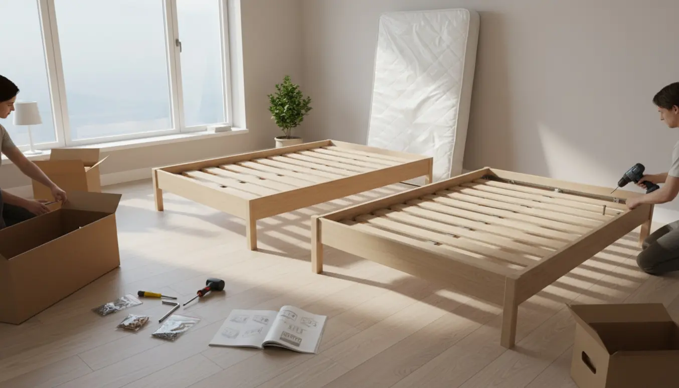 To sengebunde er ved at blive samlet i et lyst, minimalistisk soveværelse med værktøj og flade pakker.
