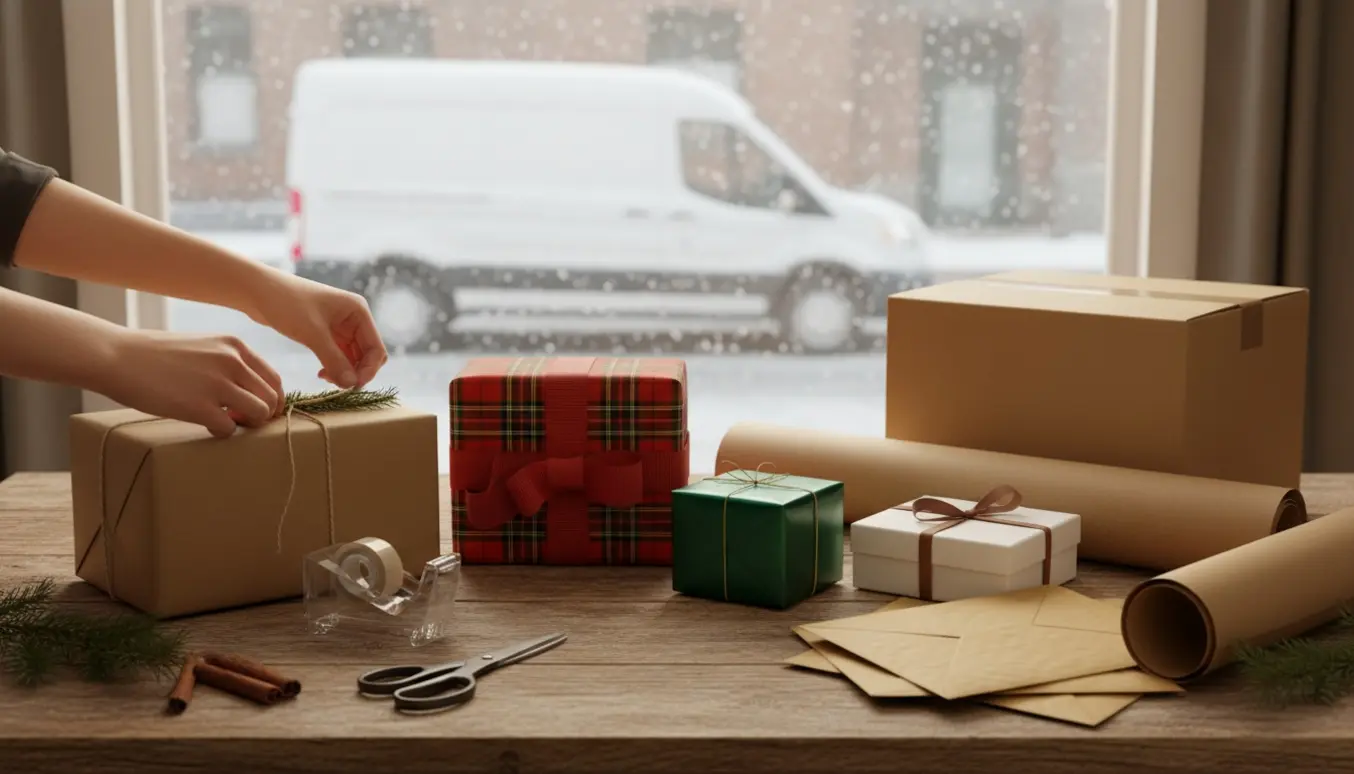 Fire indpakkede julegaver i forskellige størrelser på et træbord med pakkematerialer og sne udenfor.