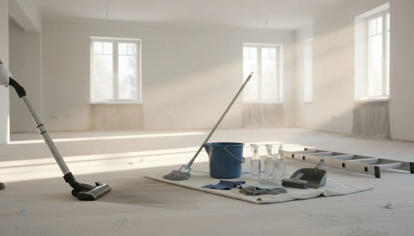 Tomt hus under rengøring efter byggeri med støvsuger, moppe og rengøringsudstyr i sollys.