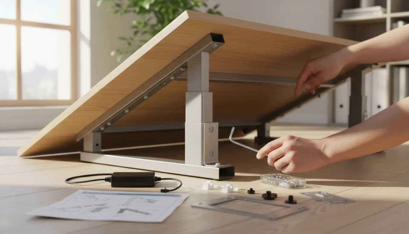 Hæve-sænkebord under samling med hænder, skruer og værktøj i et lyst hjemmekontor.