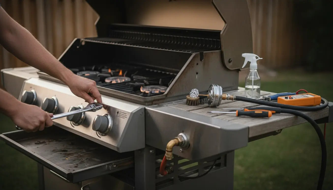 En tekniker efterser en stor rustfri gasgrill udendørs med værktøj og åben brænder under service.