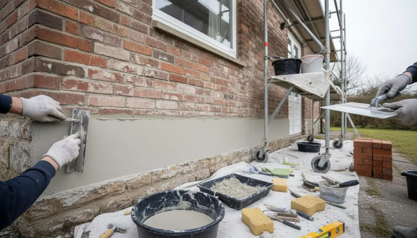 Håndværkere udskifter fuger og pudser soklen på en bungalow ved hjælp af rullestillads og håndværktøj.