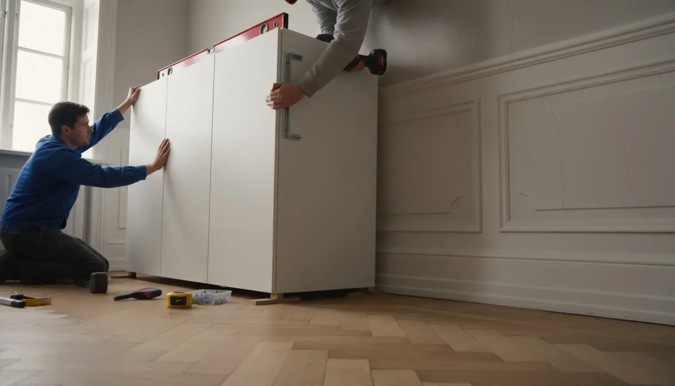 Et højt hvidt garderobeskab monteres mod væggen i en gammel lejlighed med høje paneler, hænder skruer beslag fast og kiler under skabet.