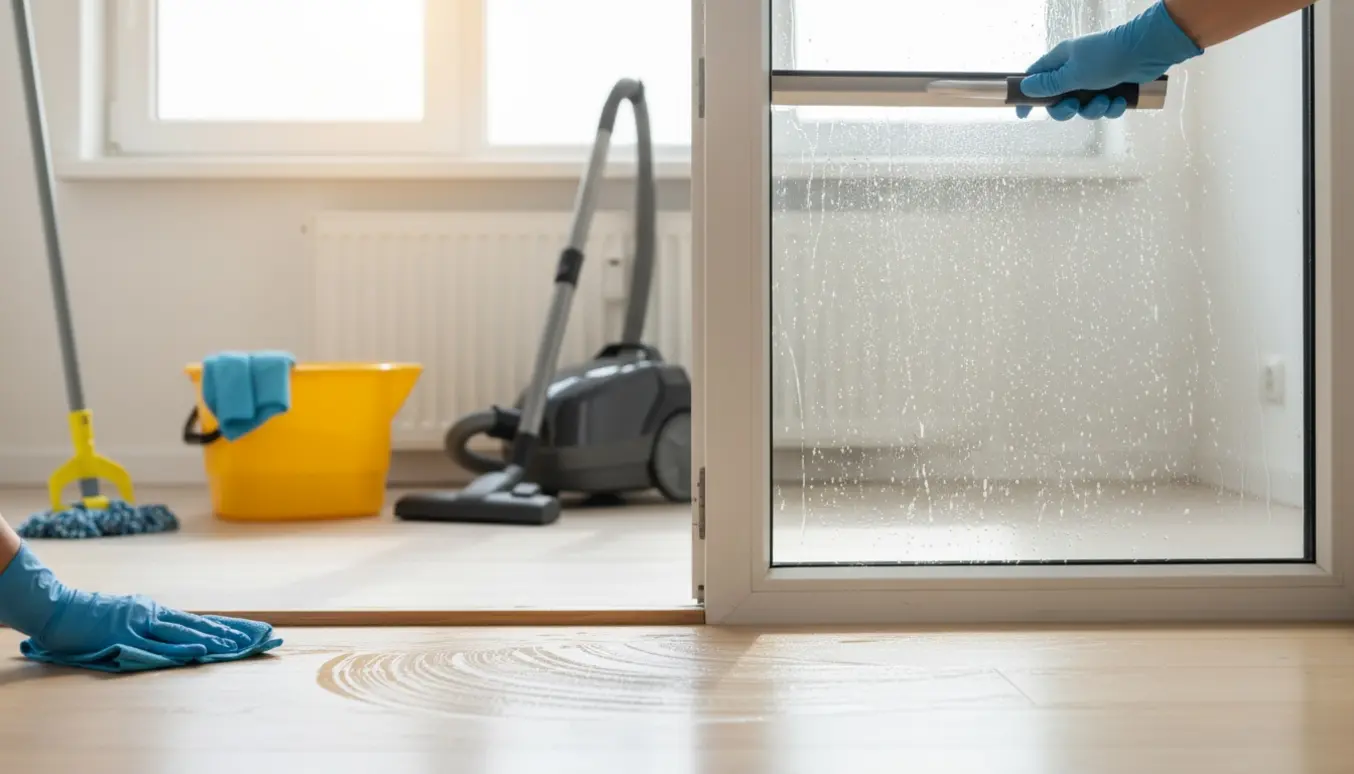 Rengøringsudstyr i en lys, tom lejlighed med nypudsede vinduer og skinnende gulv.