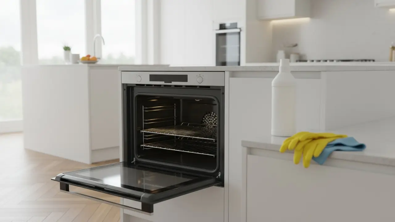 Ren, skinnende ovn med ovnrensflaske og gummihandsker på køkkenbordet