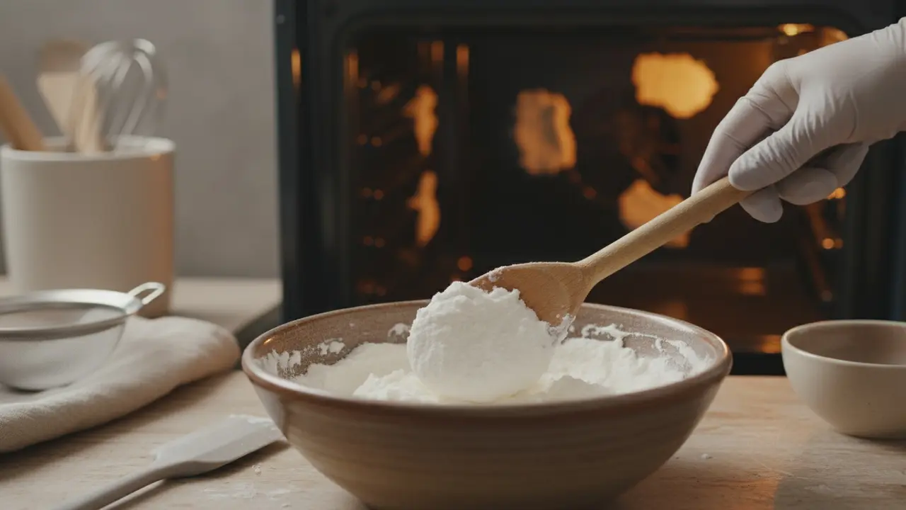 Skål med natronpasta og spatel klar til at påføre i ovnen