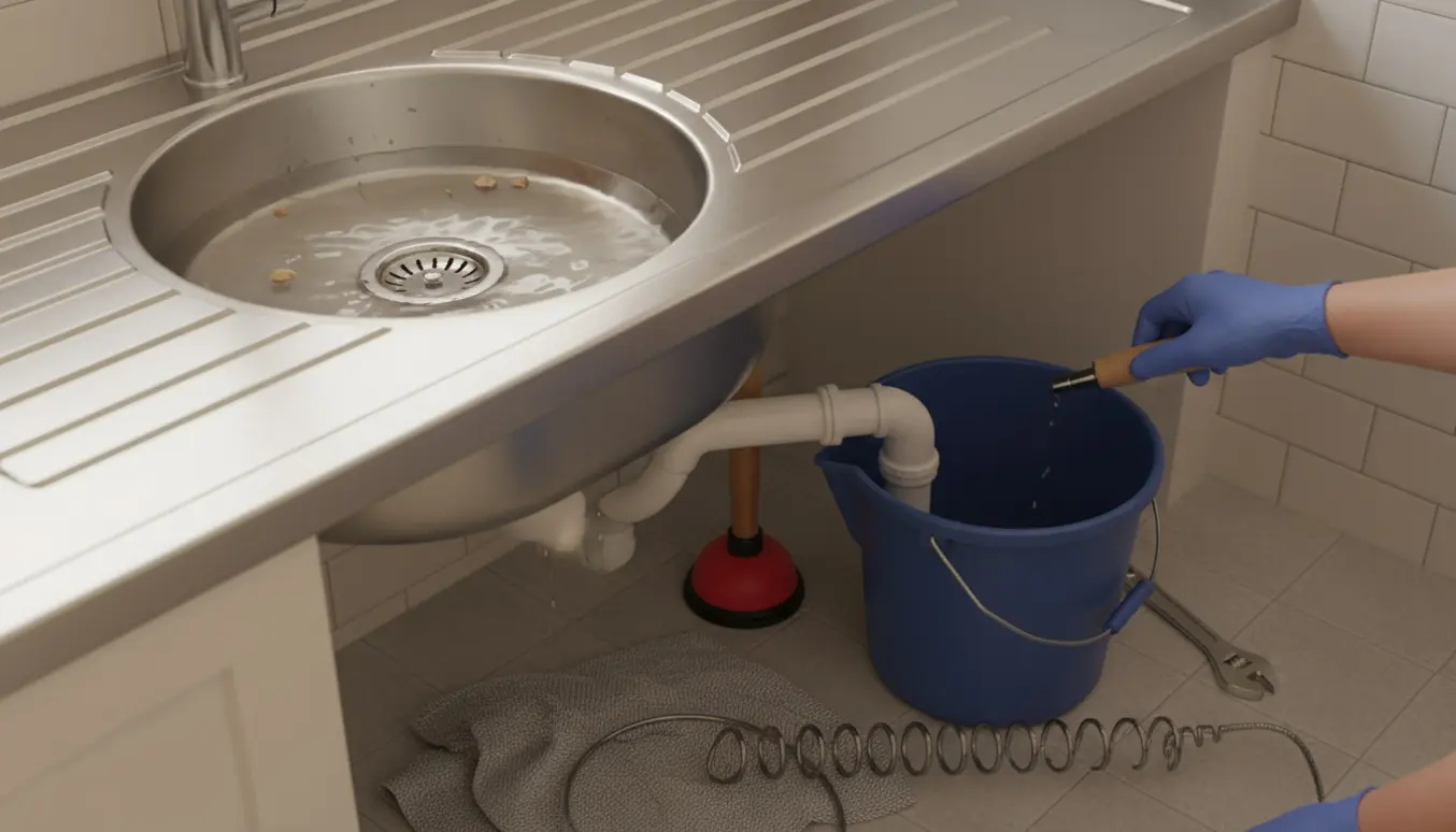 Køkkenvask med stillestående vand, afmonteret afløbsrør, spand, sugekop og værktøj til at rense en tilstopning.