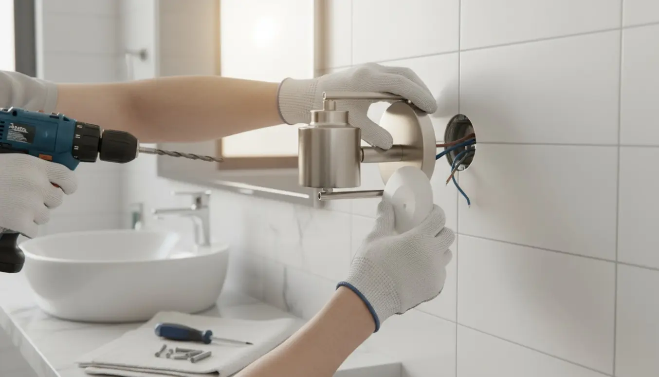 Montering af væglampe over et dæksel til lampeudtag på en badeværelsesflise.