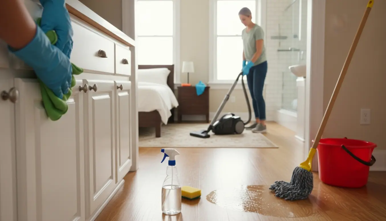 Nærbillede af rengøring i lejlighed med handske, klud, moppe og rengøringsmidler i flere rum.