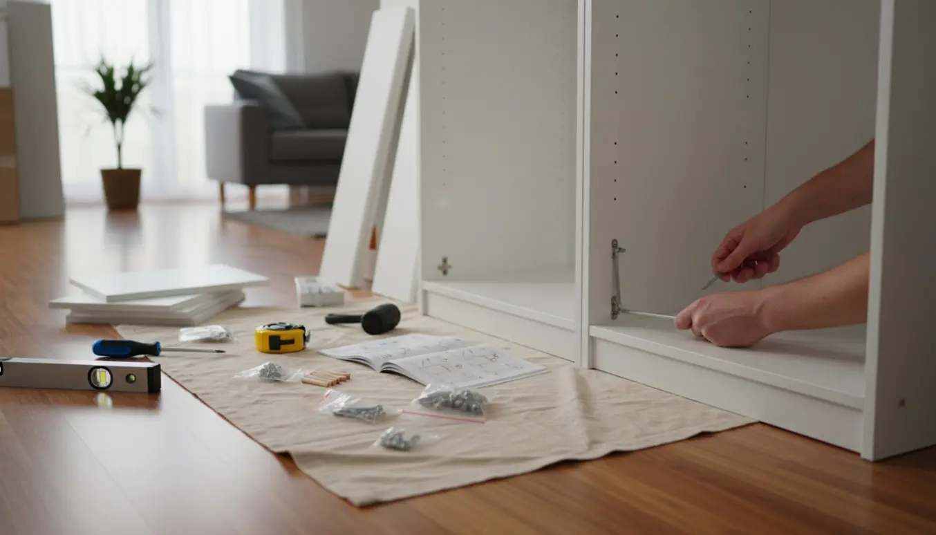 Hænder samler en 1 m bred fladpakket garderobe uden låger på et lyst trægulv.