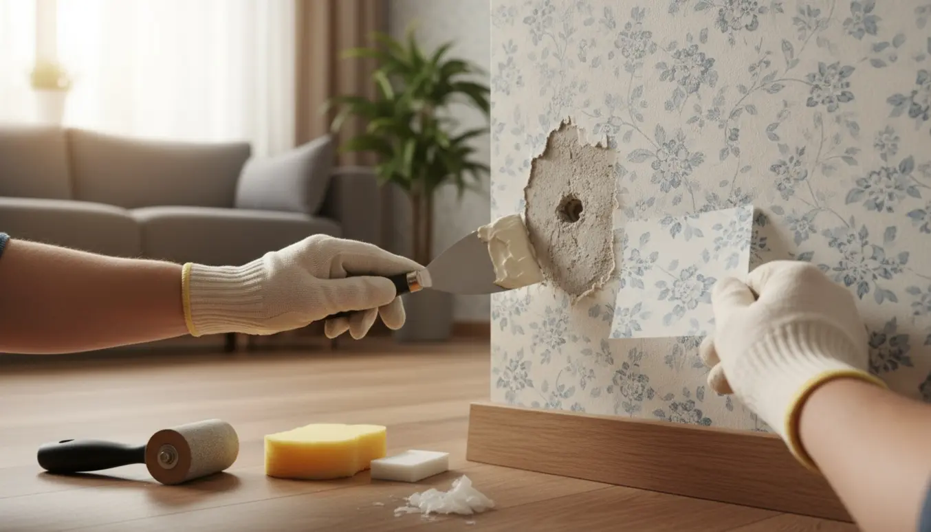 Nærbillede af hænder, der reparerer et lille hul i tapet efter en fjernet selvklæbende krog.