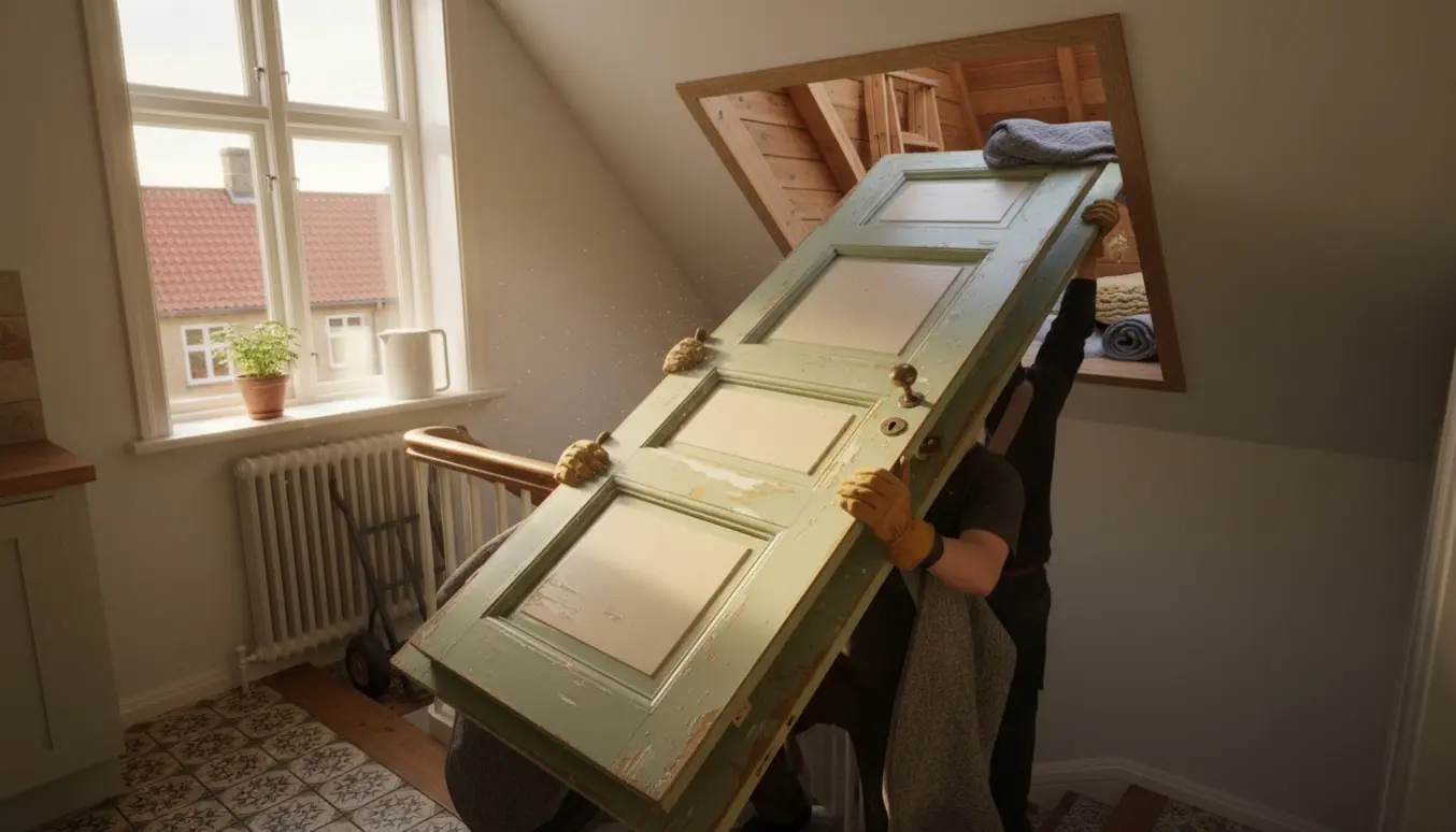 To personer løfter tre gamle inderdøre op ad en køkkentrappe mod et åbent loftshul i en Østerbro-lejlighed.