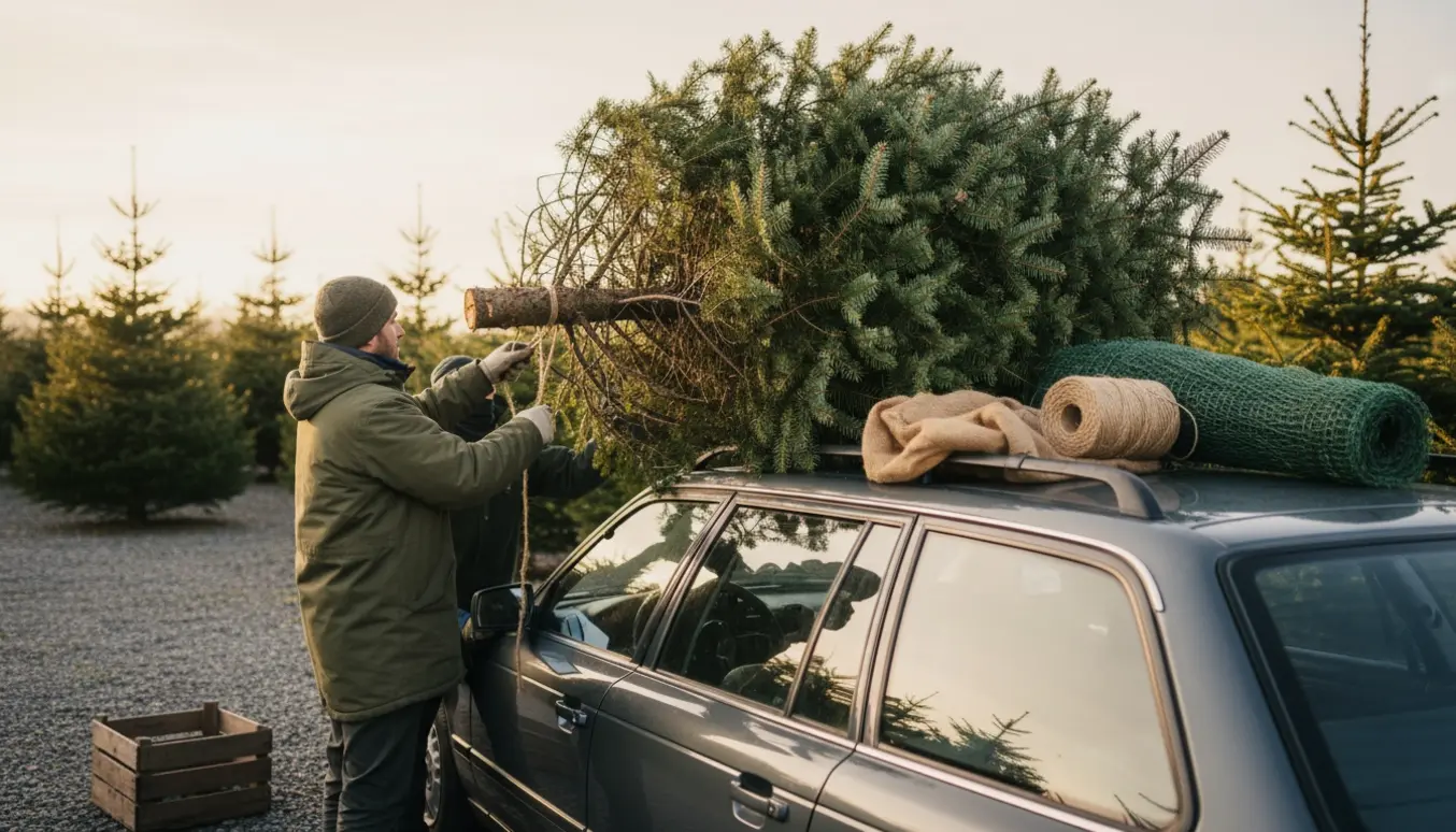 Et friskt, 2,5 meter højt juletræ uden pynt læsses op på taget af en bil i en juletræsplantage.