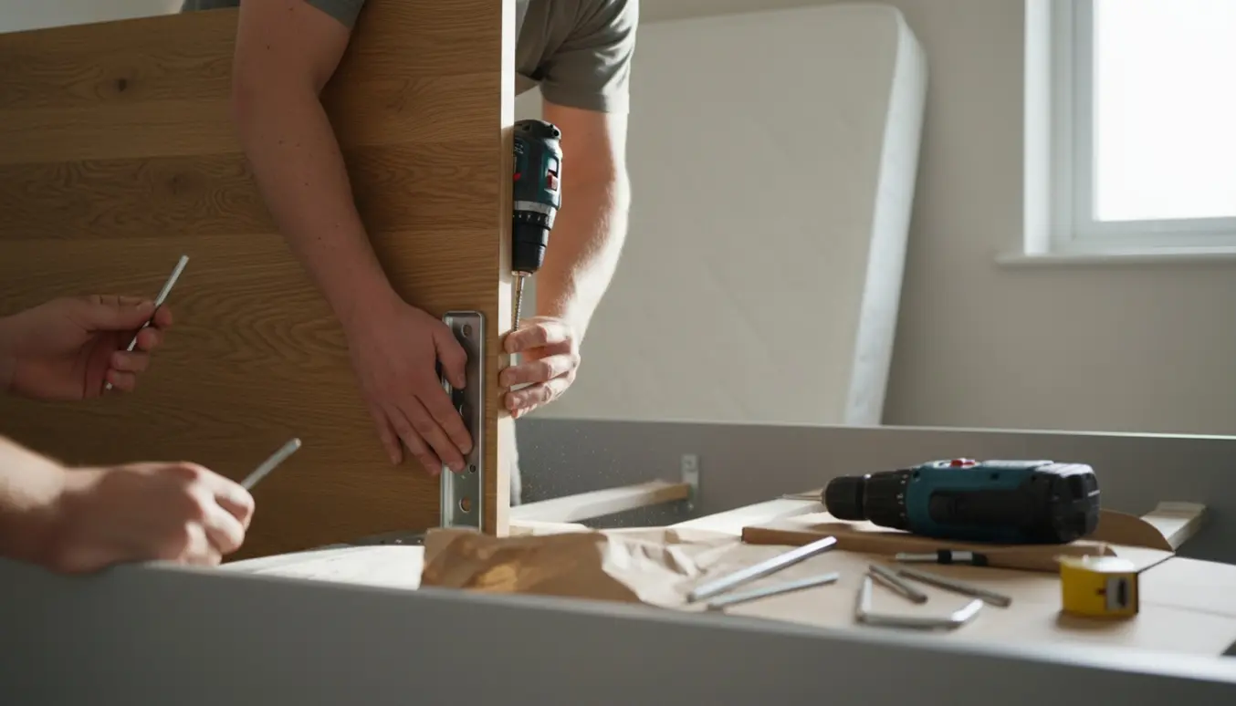 To personer skrue sengegavl fast til bundrammen i et lyst soveværelse.