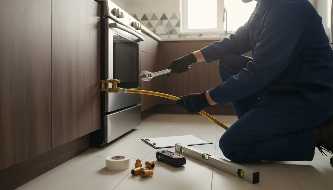 Faglært håndværker forbinder gastilslutning til et indbygget gaskomfur med elovn i et lyst lejlighedskøkken.