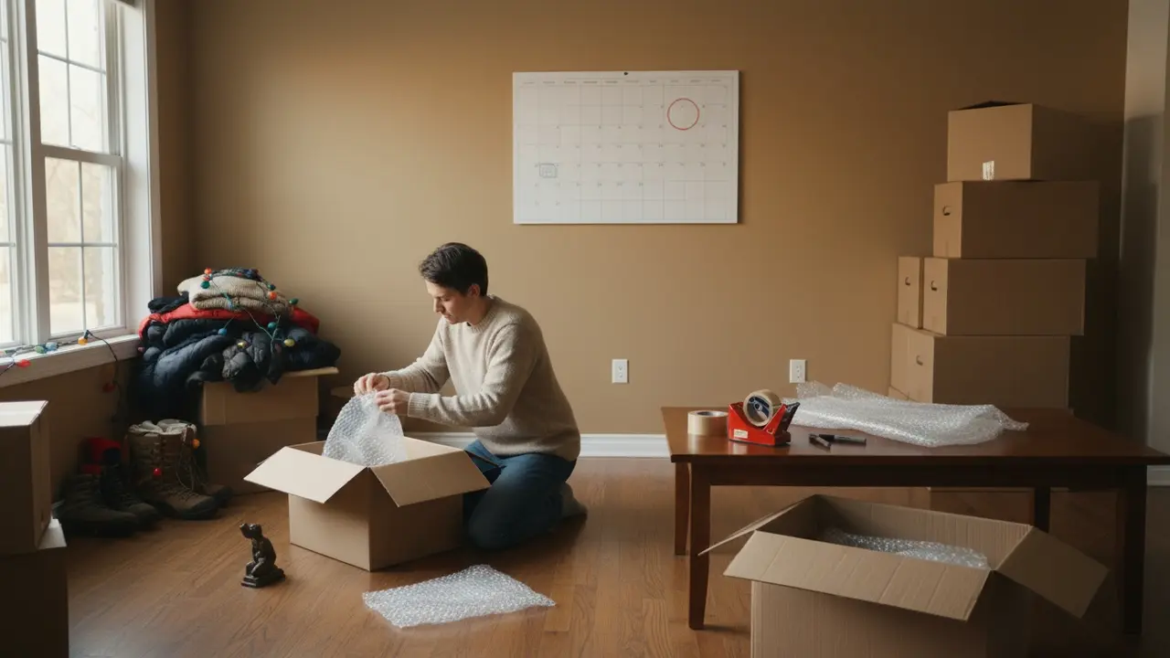 Person begynder at pakke med kasser, kalender med cirklet dato og pakkematerialer