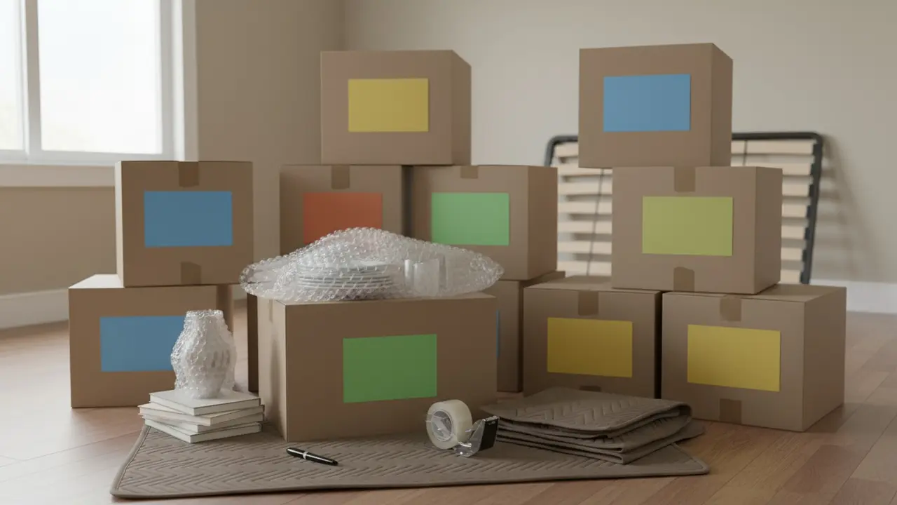 Organiserede flyttekasser med pakkematerialer og blanke mærkater klar til transport