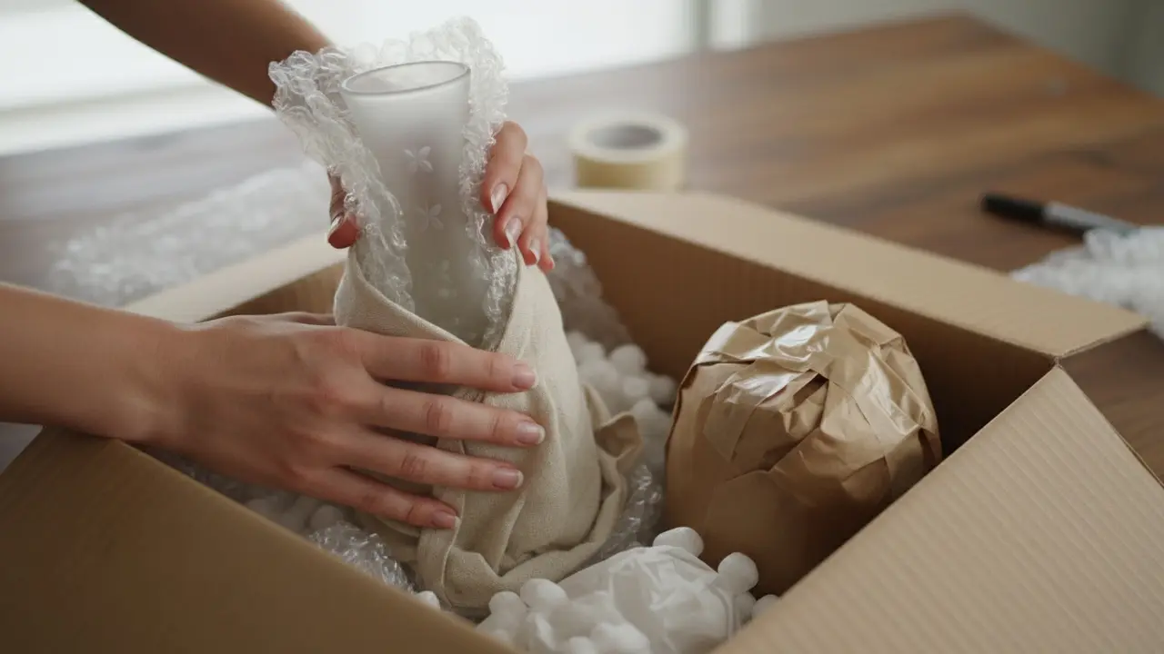 Nærbillede af hænder der omhyggeligt pakker en skrøbelig glasvase ind i bobleplast