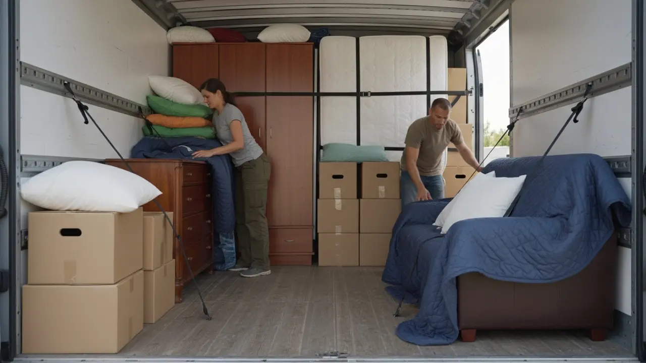 Inderside af en flyttebil med møbler, stablede kasser og tæpper for beskyttelse og stabilitet