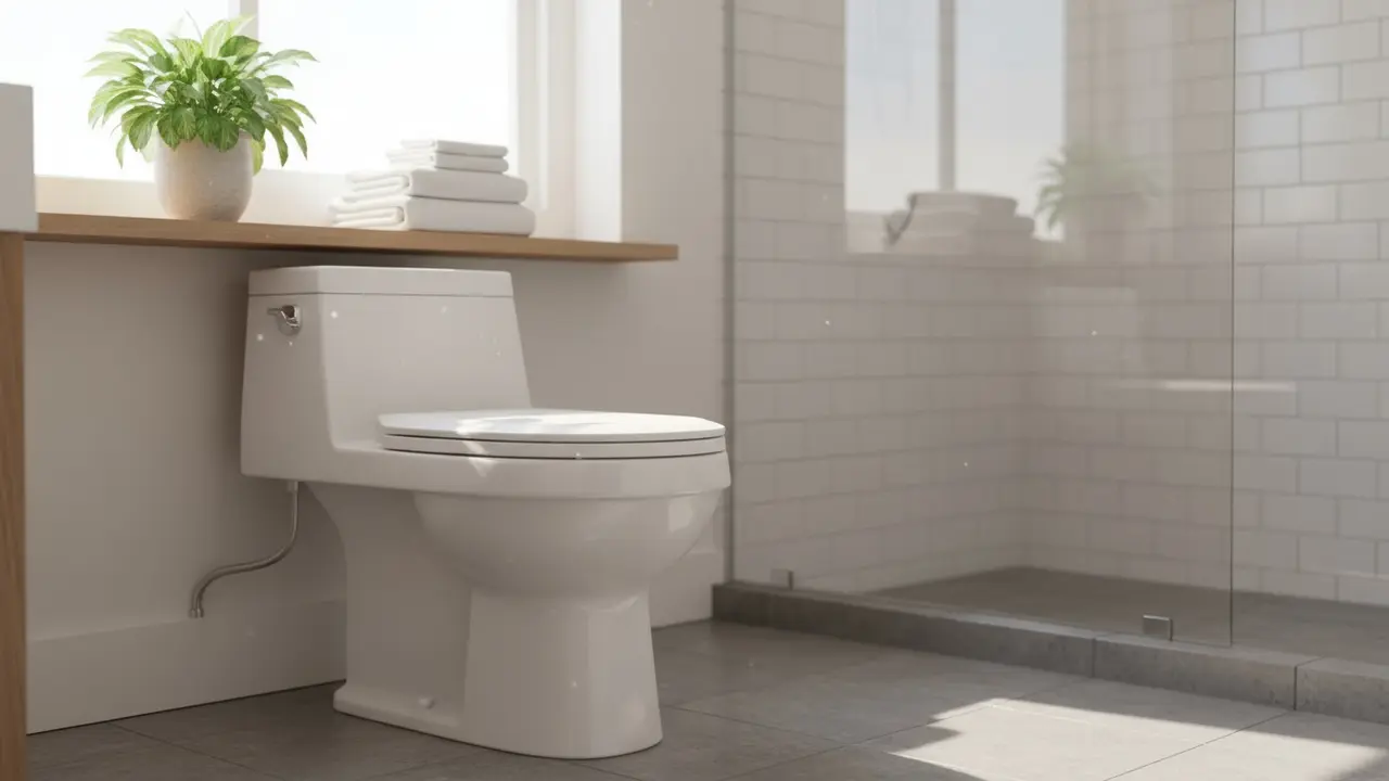 Skinnende rent toilet i lyst badeværelse med sollys og små detaljer, der signalerer friskhed.