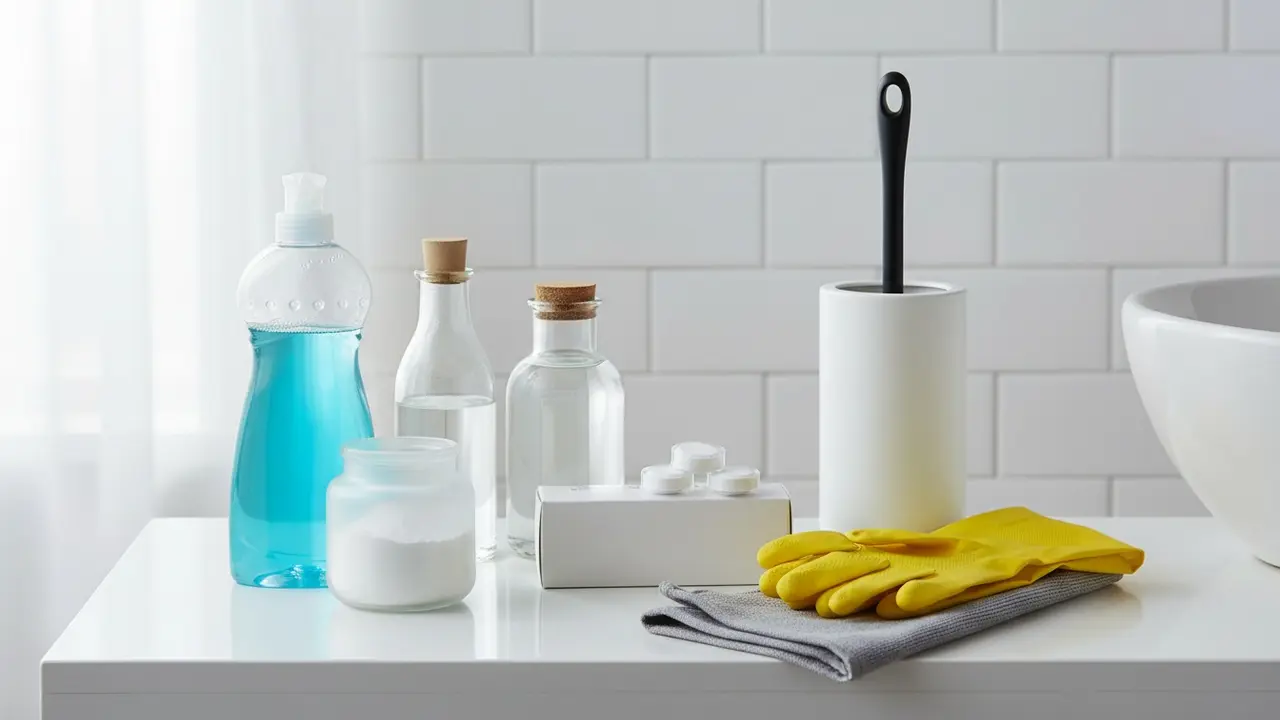 Række af rengøringsmidler til toilet: gelflaske, klude, handsker, børste og tabletter på bord.