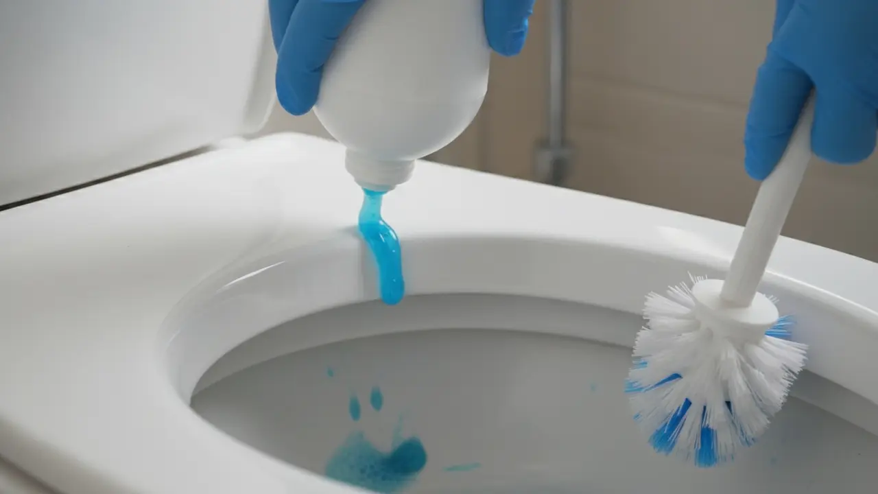 Nærbillede af handske, der påfører WC-rens under toilettets kant, klar til at skrubbe med børste.