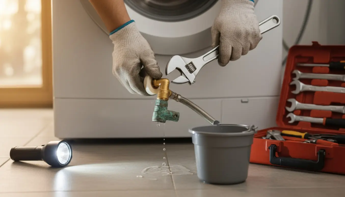 Hænder udskifter en aftapningsventil til vaskemaskine bag en vaskemaskine med skruenøgle og spand til vand.