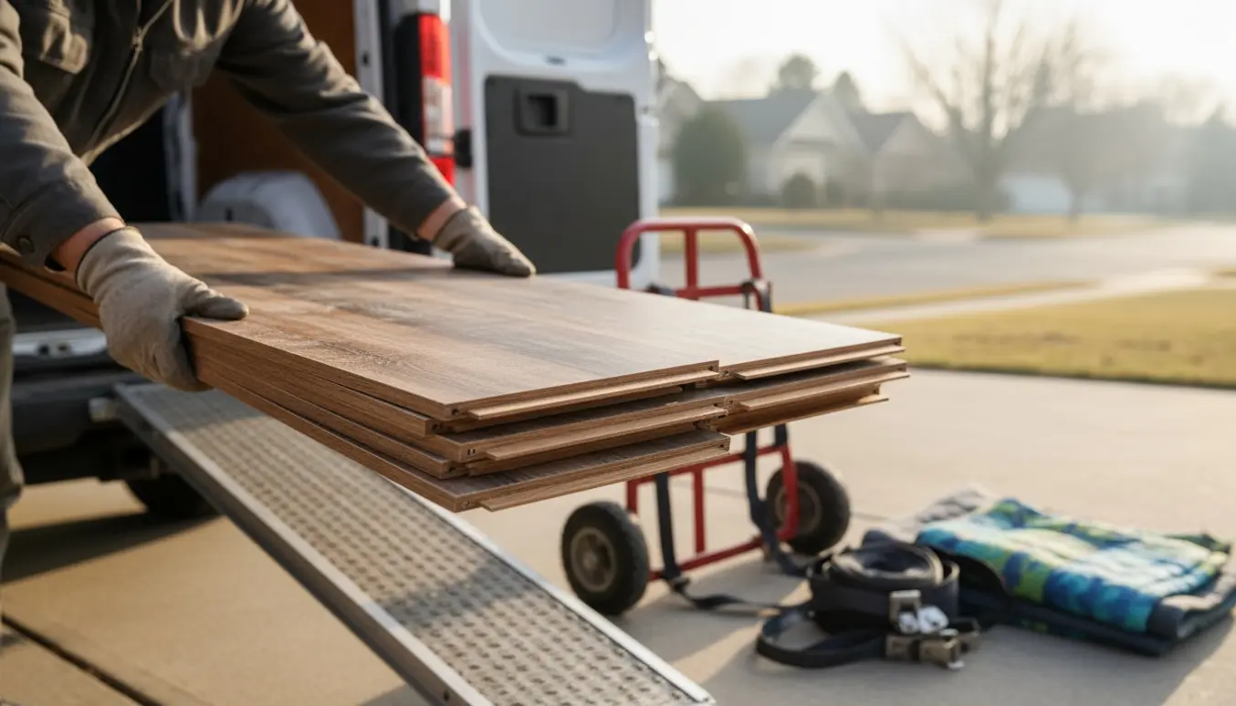 Laminat klik-gulv læsses ind i en varevogn til storskrald.