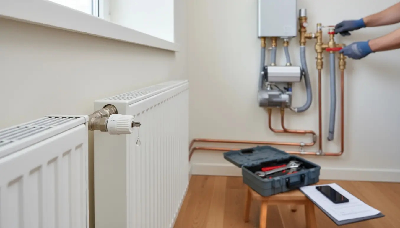 Hænder lufter en radiator med en nøglen, mens en tekniker justerer fjernvarmerør i baggrunden.