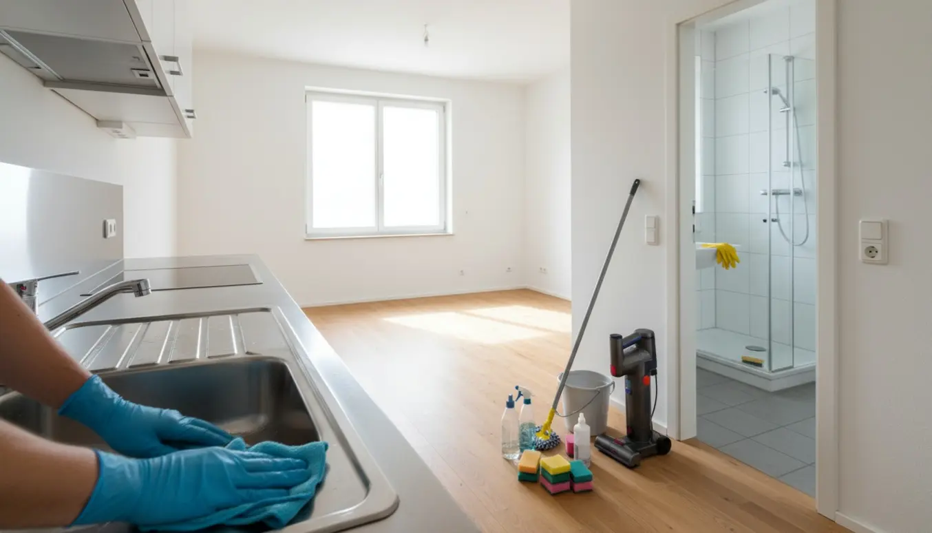Tomme værelser i en lys andelslejlighed under fraflytningsrengøring med handsker og rengøringsudstyr i fokus.