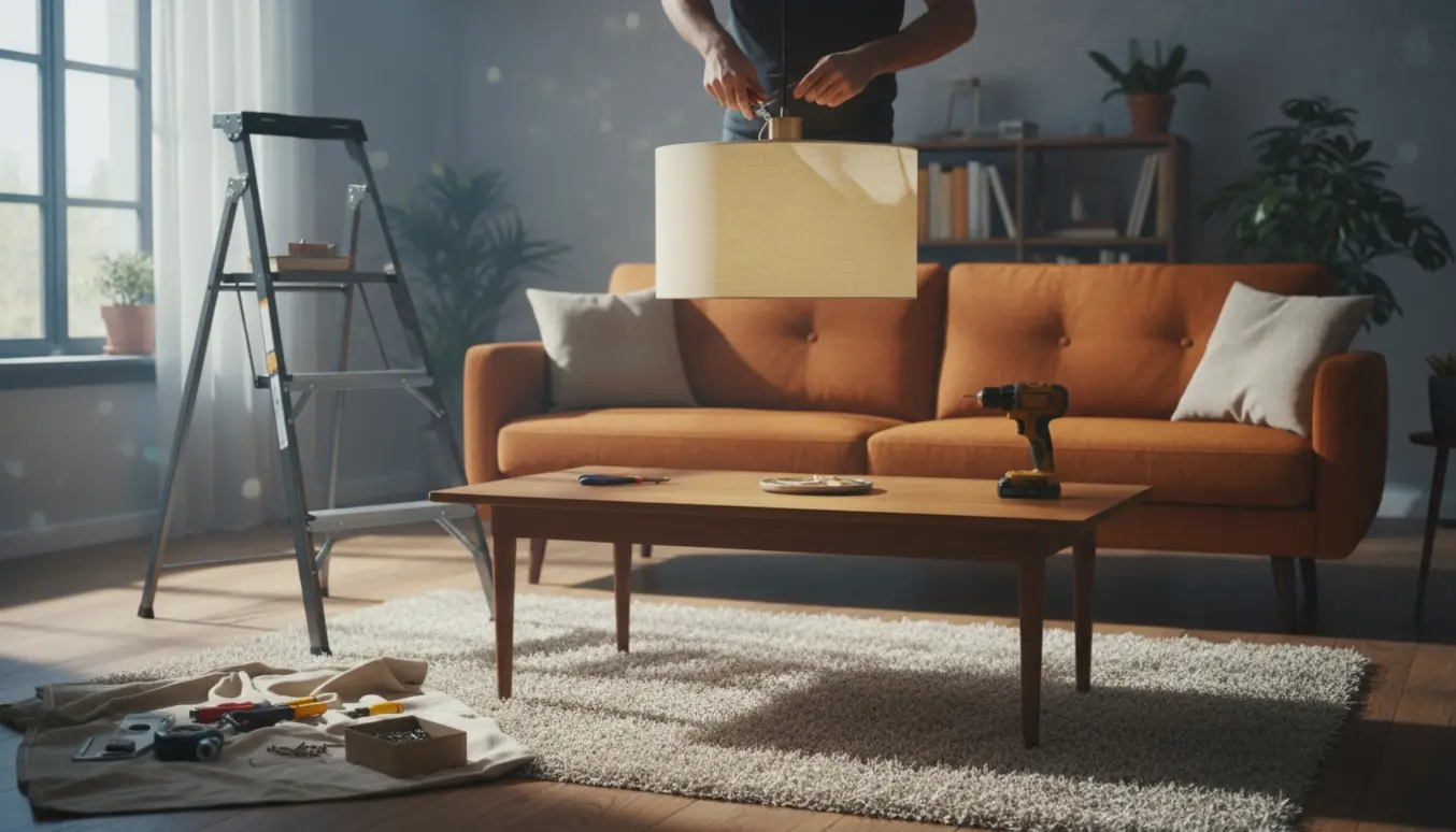 En pendel lampe hænges op over et sofabord i en stue med stige og værktøj.
