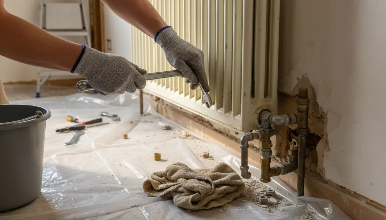 Halvafmonteret gammel emaljeret radiator lænet frem fra en delvist nedrevet væg med værktøj og afdækning omkring.