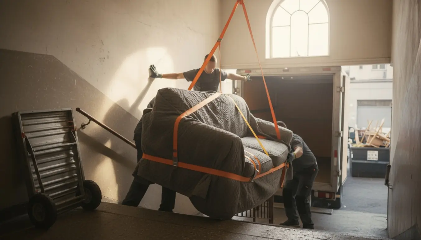 Flyttemænd bærer en stor trepersoners sofa ned ad en opgang og ind i en ventende flyttevogn ved en genbrugsplads.