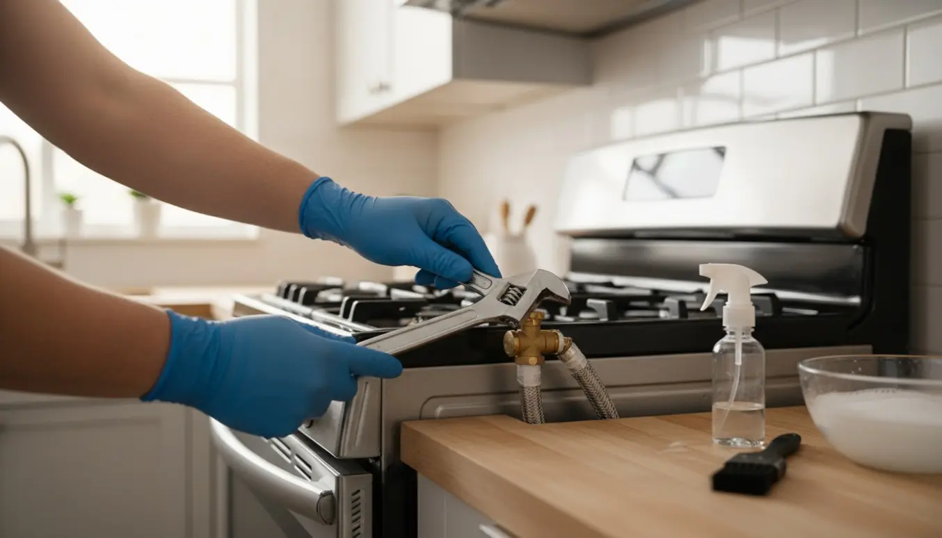 Nyt gaskomfur er trukket frem og forbindes til væggasventilen med en fleksibel gasslange og skruenøgle.